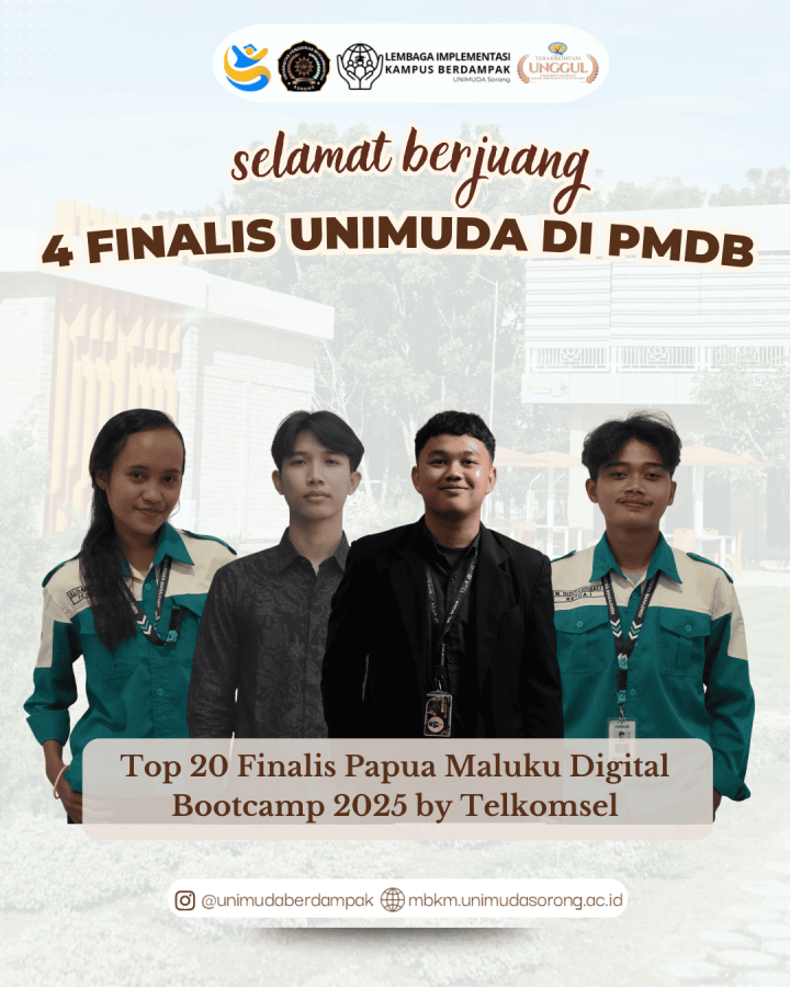 Selamat berjuang kepada empat mahasiswa Universitas Pendidikan Muhammadiyah Sorong yang berhasil melangkah sebagai Top 20 Finalis Papua Maluku Digital Bootcamp (PMDB) Tahun 2025 dari ribuan peserta di